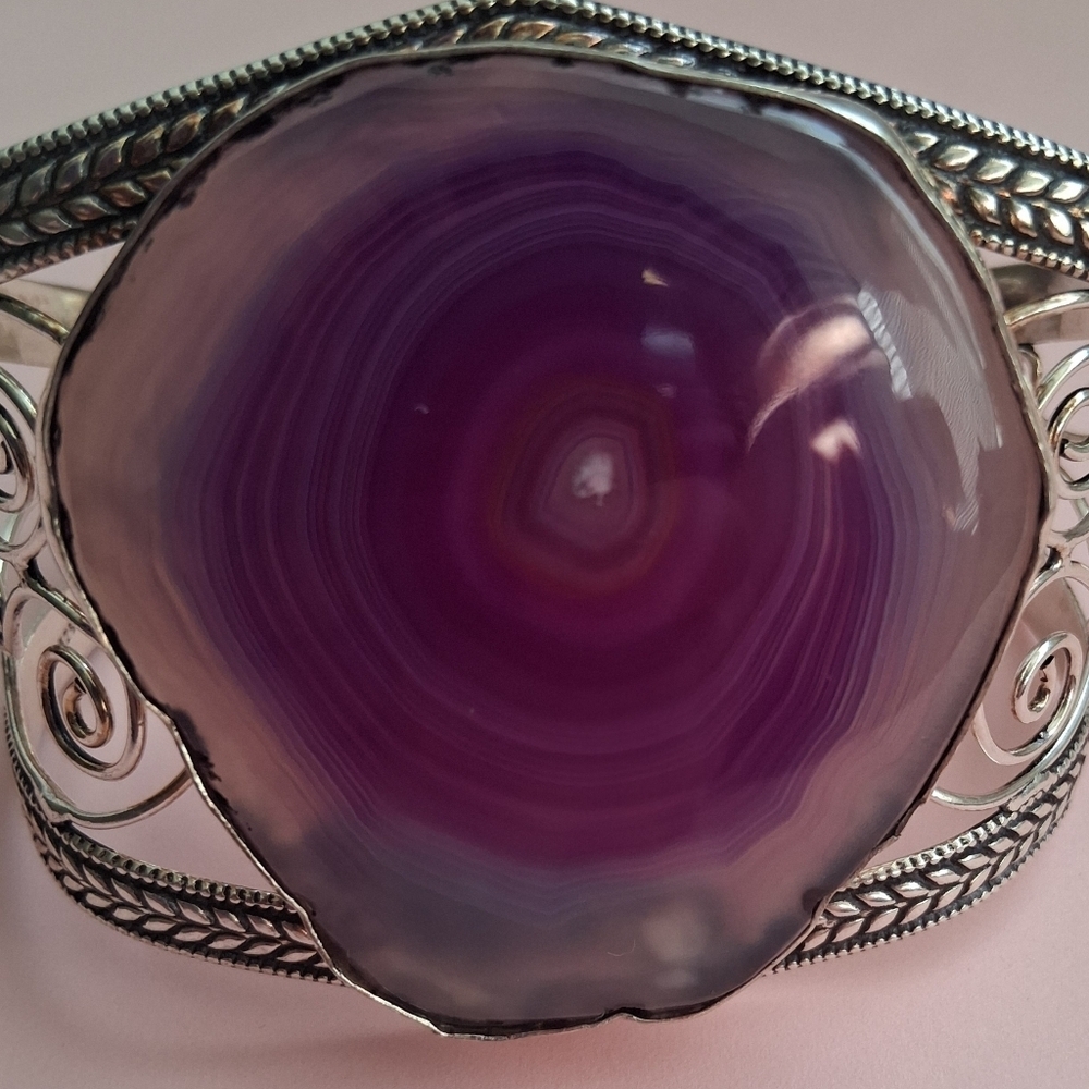 EUC HUGE Purple Solar Quartz & 925 Sterling Floral Filigree Boho Cuff Bracelet - Picture 7 of 8